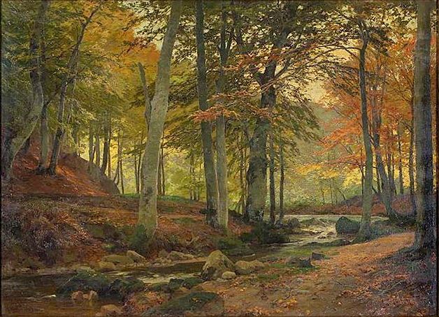 Creek in Autumn Forest, vintage artwork by Heinrich Boehmer, 12x8" (A4) Poster