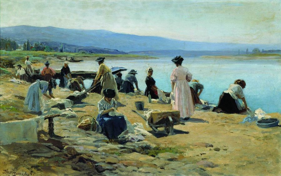 Washerwomen in Vichy, vintage artwork by Alexei Stepanov, 12x8" (A4) Poster