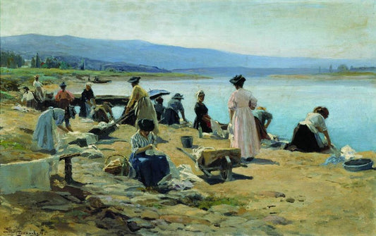 Washerwomen in Vichy, vintage artwork by Alexei Stepanov, 12x8" (A4) Poster