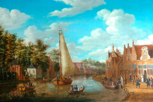 Dutch Canal Scene with Rigged Sailing Vessels and Figures among the Terraced Houses of Holland, vintage artwork by Abraham Jansz. Storck, 12x8" (A4) Poster