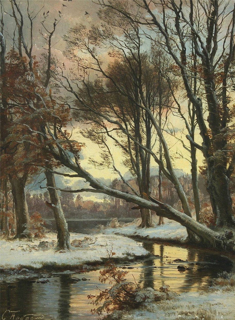 Wintry landscape with a stream, vintage artwork by Carl Frederik Aagaard, 12x8" (A4) Poster