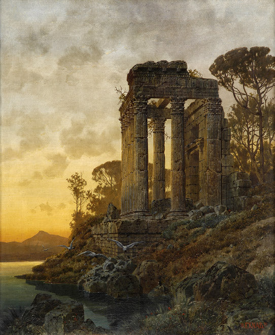 Landscape with Ruins of a Roman Temple, vintage artwork by Ferdinand Knab, 12x8" (A4) Poster