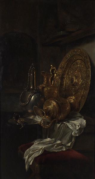 Still Life with Gilt Vase and Plates, vintage artwork by Willem Kalf, 12x8" (A4) Poster