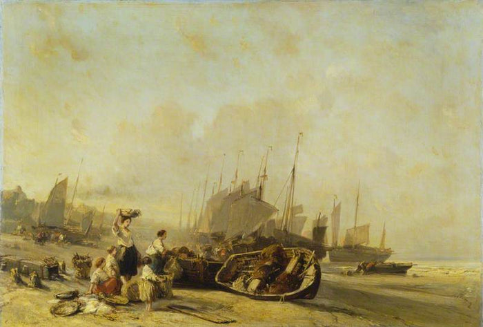 Boats on the Shore at Calais, vintage artwork by Eugène Isabey, A3 (16x12