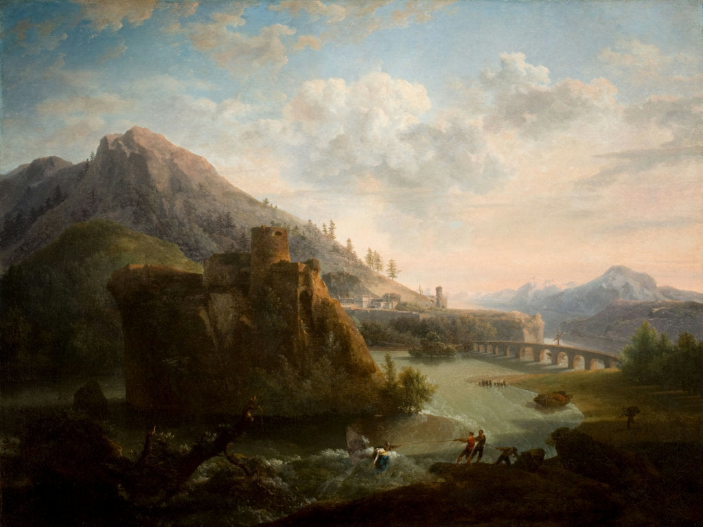 Mountainous Landscape with a Castle and Figures along a River, vintage artwork by Jakob Philipp Hackert, 12x8" (A4) Poster