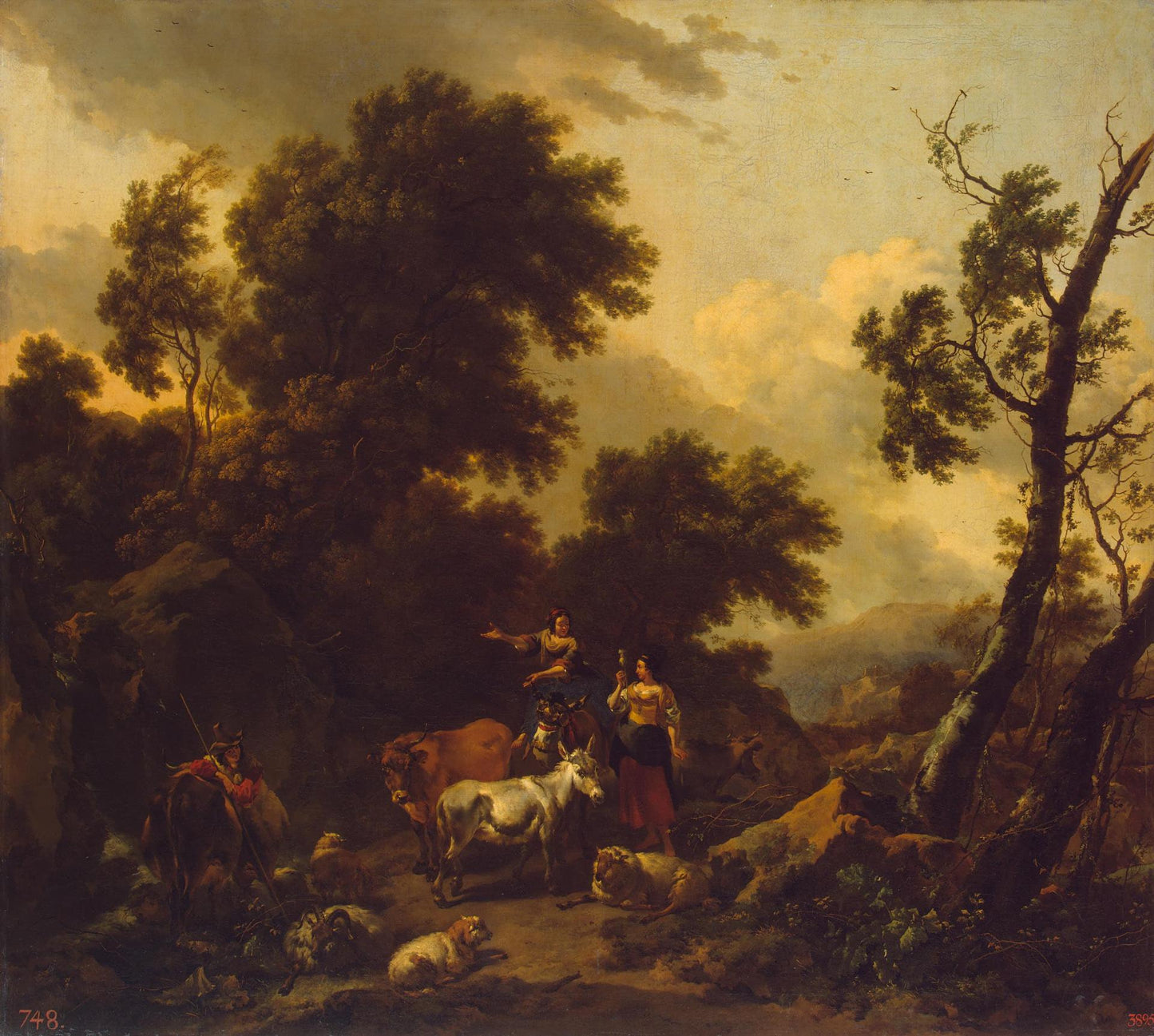 Italian Landscape with Two Young Women and Livestock, vintage artwork by Nicolaes Berchem, 12x8" (A4) Poster
