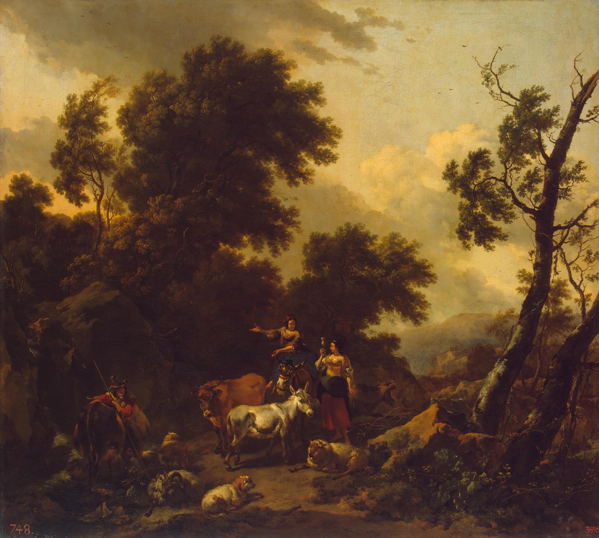 Italian Landscape with Two Young Women and Livestock, vintage artwork by Nicolaes Berchem, 12x8" (A4) Poster