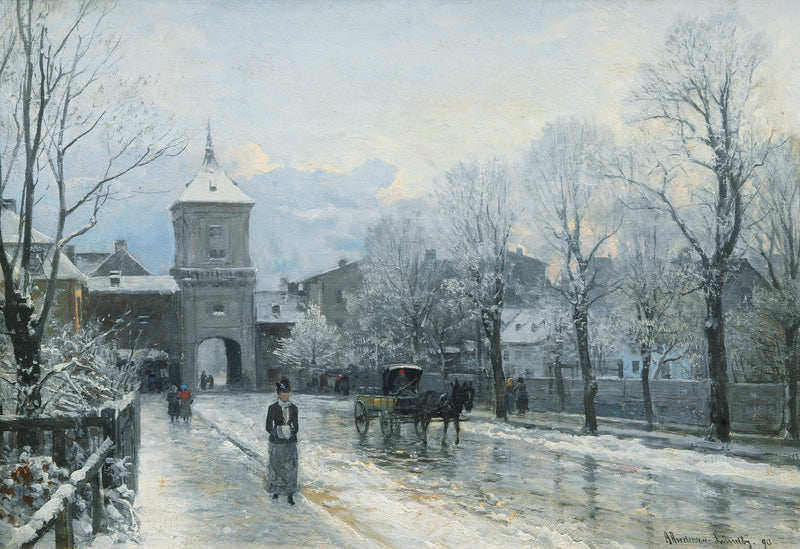 Wintry Day at the City Gate, vintage artwork by Anders Anderson-Lundby , 12x8" (A4) Poster