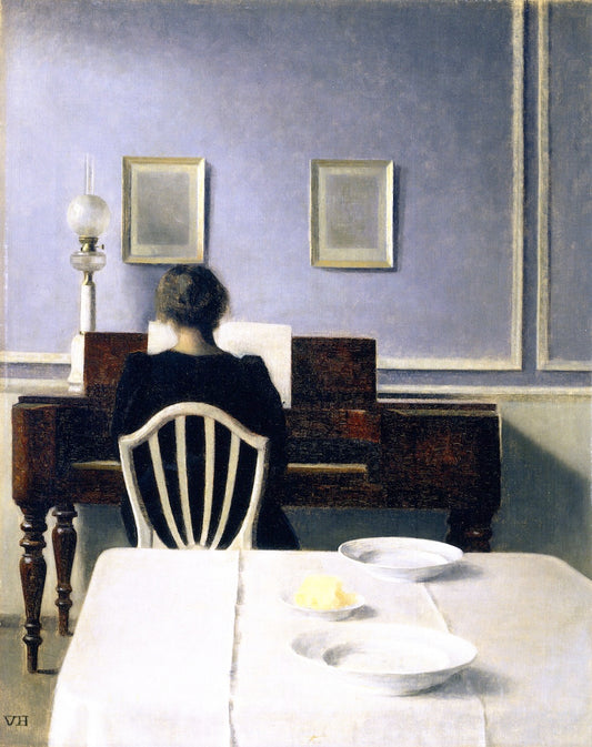 Interior with Woman at Piano, Strandgade 30, vintage artwork by Vilhelm Hammershøi, 12x8" (A4) Poster