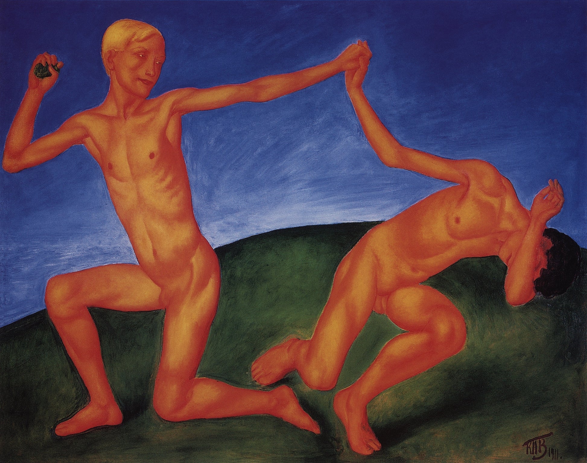 Boys Playing, vintage artwork by Kuzma Petrov-Vodkin, 12x8" (A4) Poster