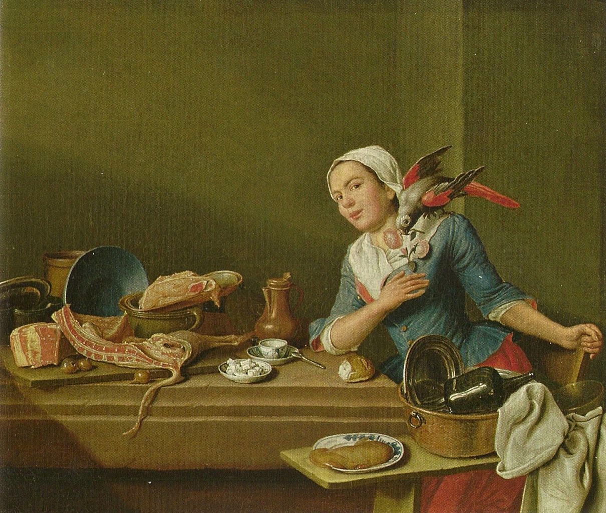 Kitchen Still-life with a Woman and Parrot, vintage artwork by Peter Jacob Horemans, 12x8" (A4) Poster