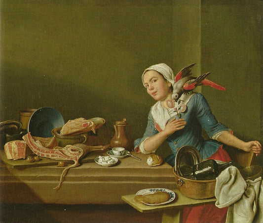 Kitchen Still-life with a Woman and Parrot, vintage artwork by Peter Jacob Horemans, 12x8" (A4) Poster