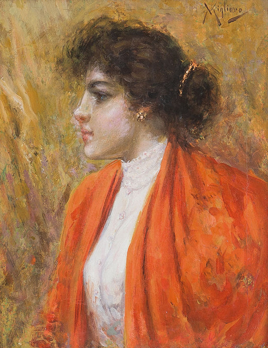 Girl with Orange Shawl, vintage artwork by Vincenzo Migliaro, 12x8" (A4) Poster