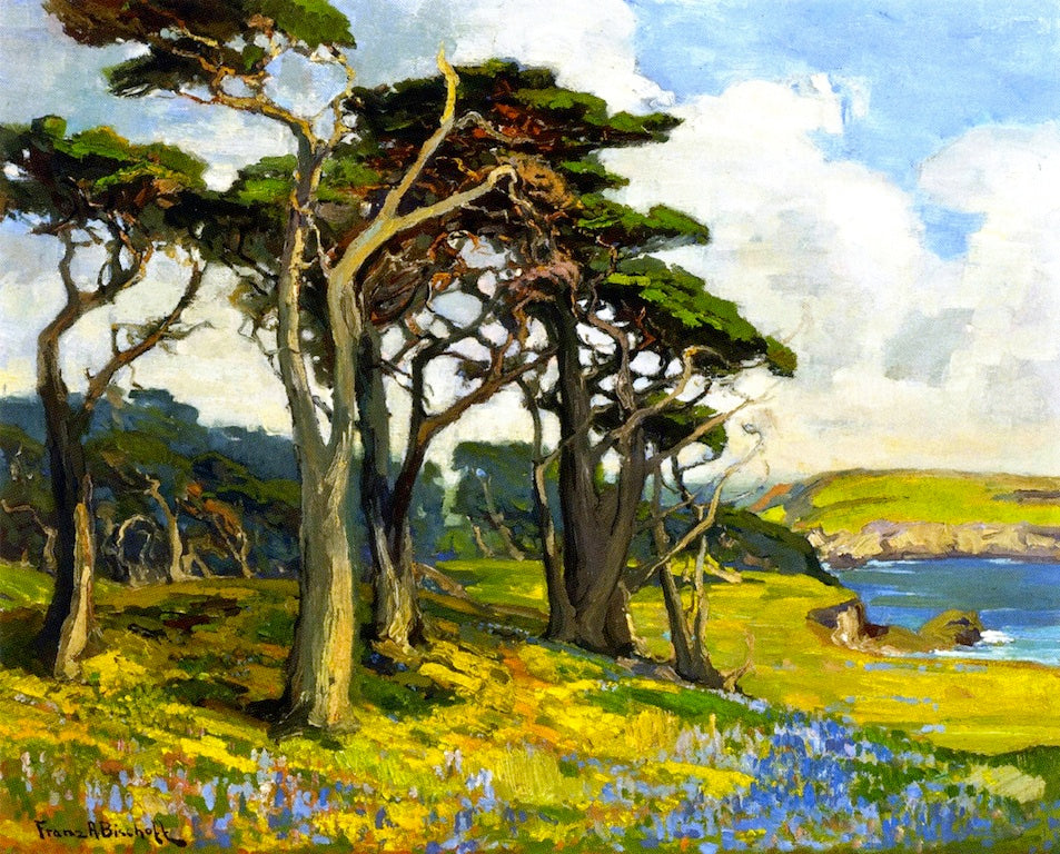 Monterey Shore in Springtime, vintage artwork by Franz Bischoff, 12x8" (A4) Poster