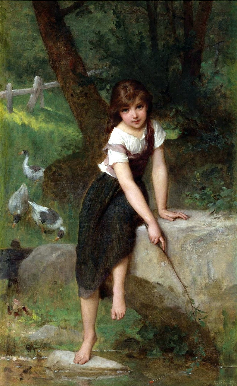 Fishing for Minnows, vintage artwork by Émile Munier, 12x8" (A4) Poster