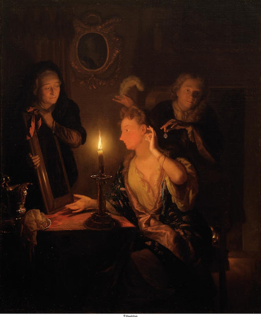 Lady at the Mirror in the Candlelight, vintage artwork by Godfried Schalcken, 12x8" (A4) Poster