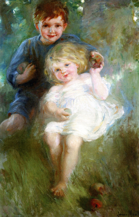 Portrait of Two Children in an Orchard, vintage artwork by Laura Muntz Lyall, 12x8" (A4) Poster
