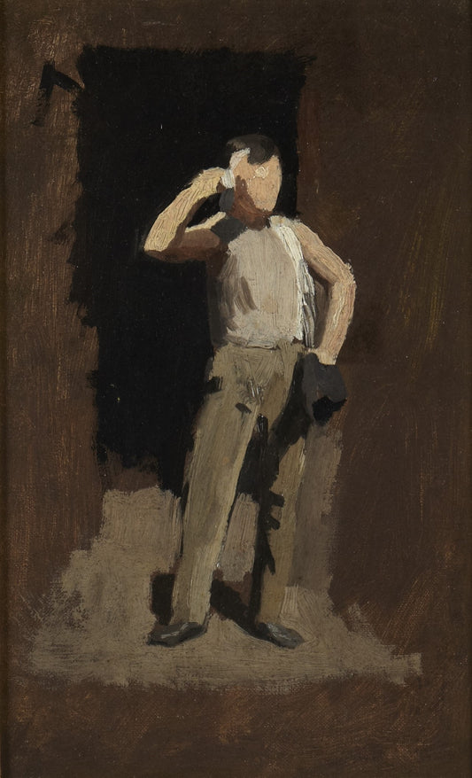 'Boy in Brown', Study for The Ironworkers' Noontime, vintage artwork by Thomas P. Anshutz, 12x8" (A4) Poster