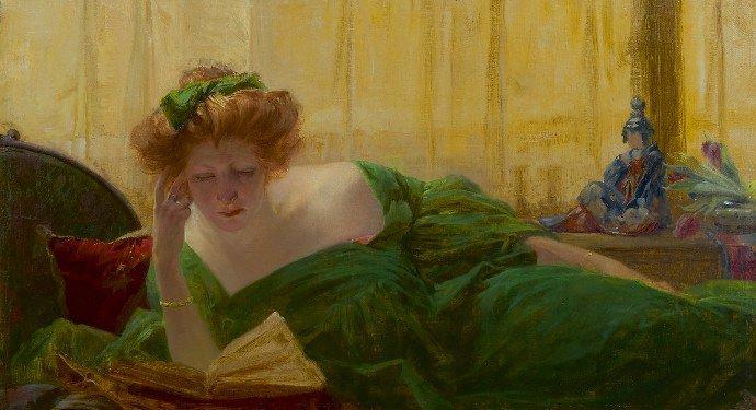 man in Green Reading in an Interior by Henri Privat-Livemont,A3(16x12")Poster