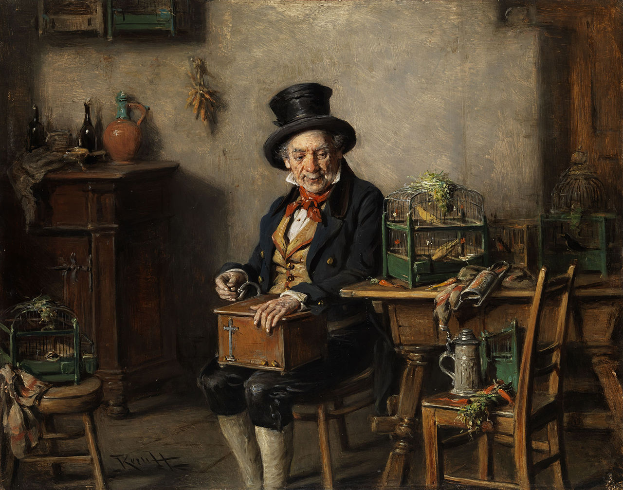 Old Man with Music Box and Bird Cage, vintage artwork by Hermann Kern, 12x8" (A4) Poster