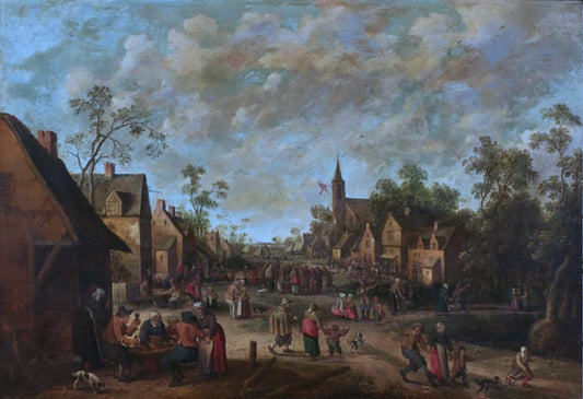 Peasants feasting in a village, vintage artwork by Joost Cornelisz. Droochsloot, 12x8" (A4) Poster