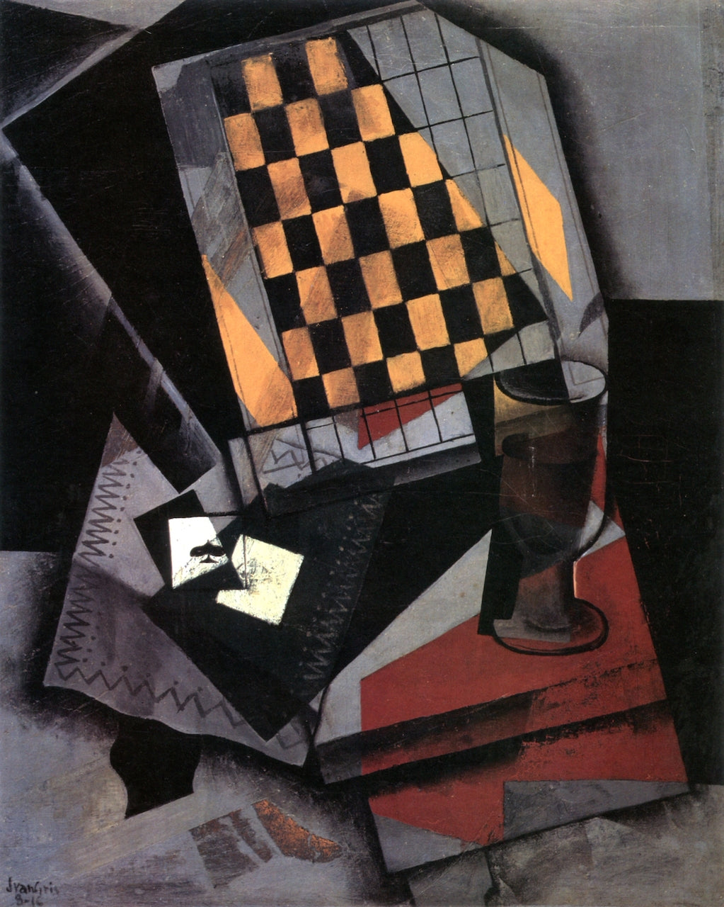 Checkerboard and Playing Cards, vintage artwork by Juan Gris, 12x8" (A4) Poster