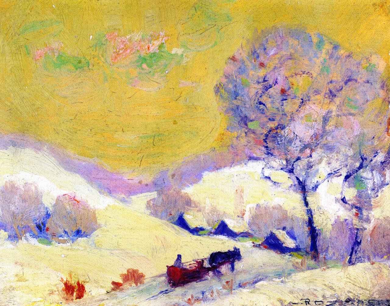 Snow Landscape with Sleigh, vintage artwork by Arthur-Dominique Rozaire, 12x8" (A4) Poster