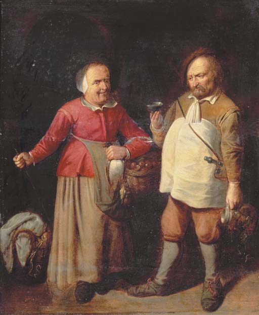 A peasant couple in a kitchen interior, vintage artwork by David Ryckaert III, 12x8" (A4) Poster