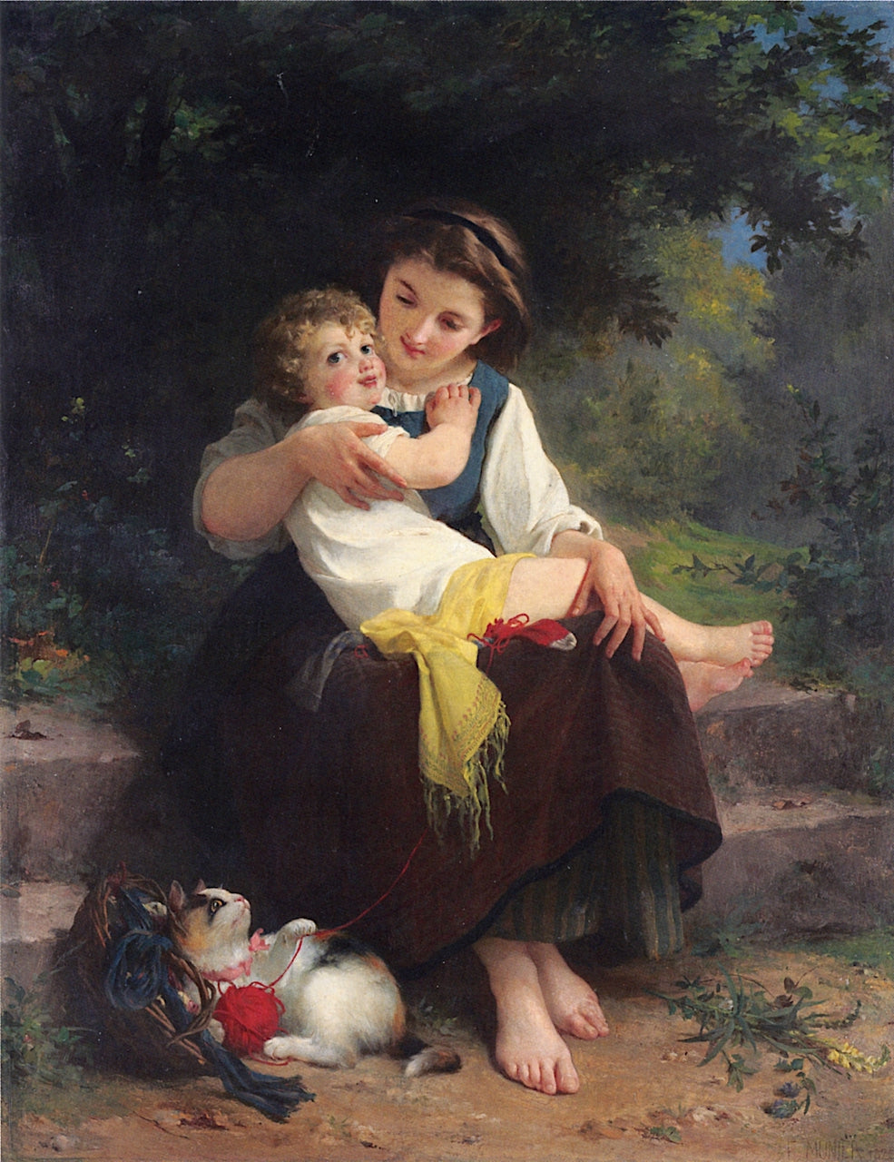 Mother and Child with a Kitten, vintage artwork by Émile Munier, 12x8" (A4) Poster