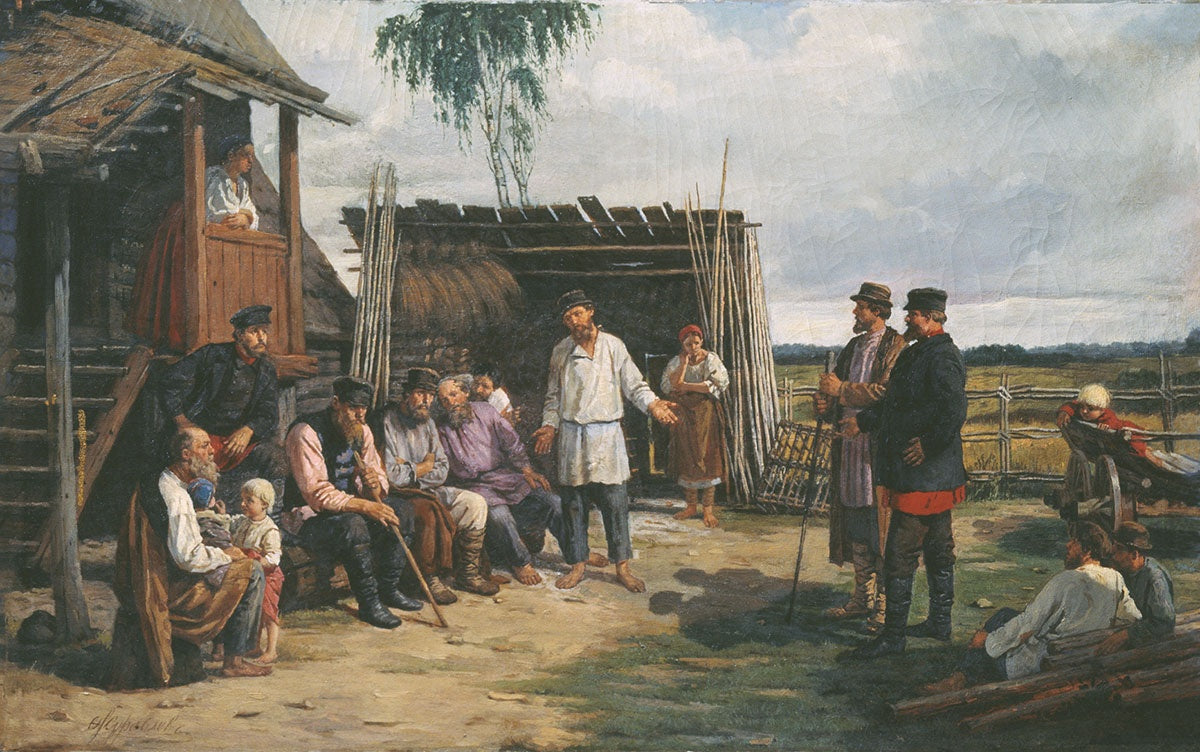 Peasants' Gathering, vintage artwork by Firs Sergeevich Zhuravlev, 12x8" (A4) Poster