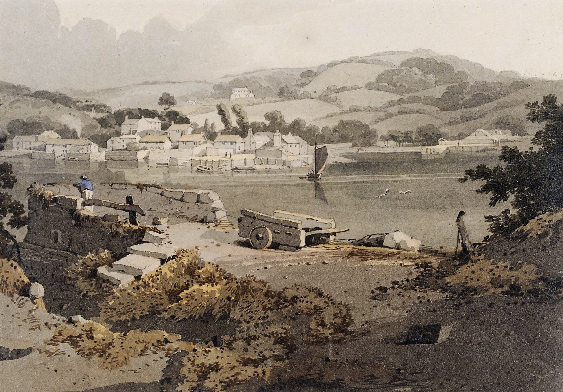 Landscape with river and village, vintage artwork by Samuel Prout, A3 (16x12") Poster Print