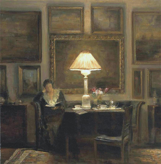Woman Reading by  Lamplight, vintage artwork by Carl Vilhelm Holsøe, 12x8" (A4) Poster