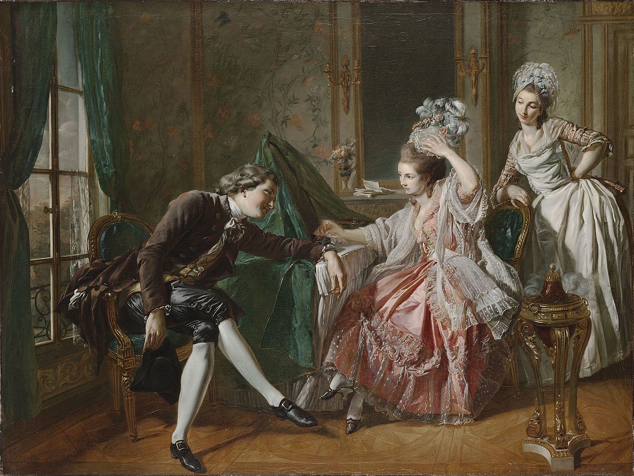 Interior with a Lady, her Maid, and a Gentleman, vintage artwork by Louis de Trinquesse, 12x8" (A4) Poster