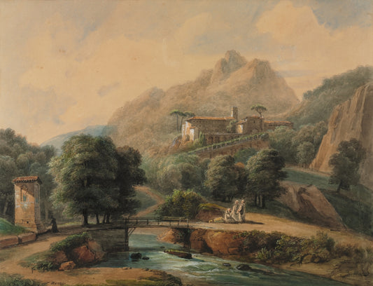 Paysage Italien: L'Abbaye et Les Religieux, vintage artwork by Jean-Victor Bertin, 12x8" (A4) Poster