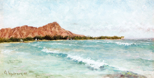 Waves and Diamond Head in Background, vintage artwork by Grace Carpenter Hudson, 12x8" (A4) Poster