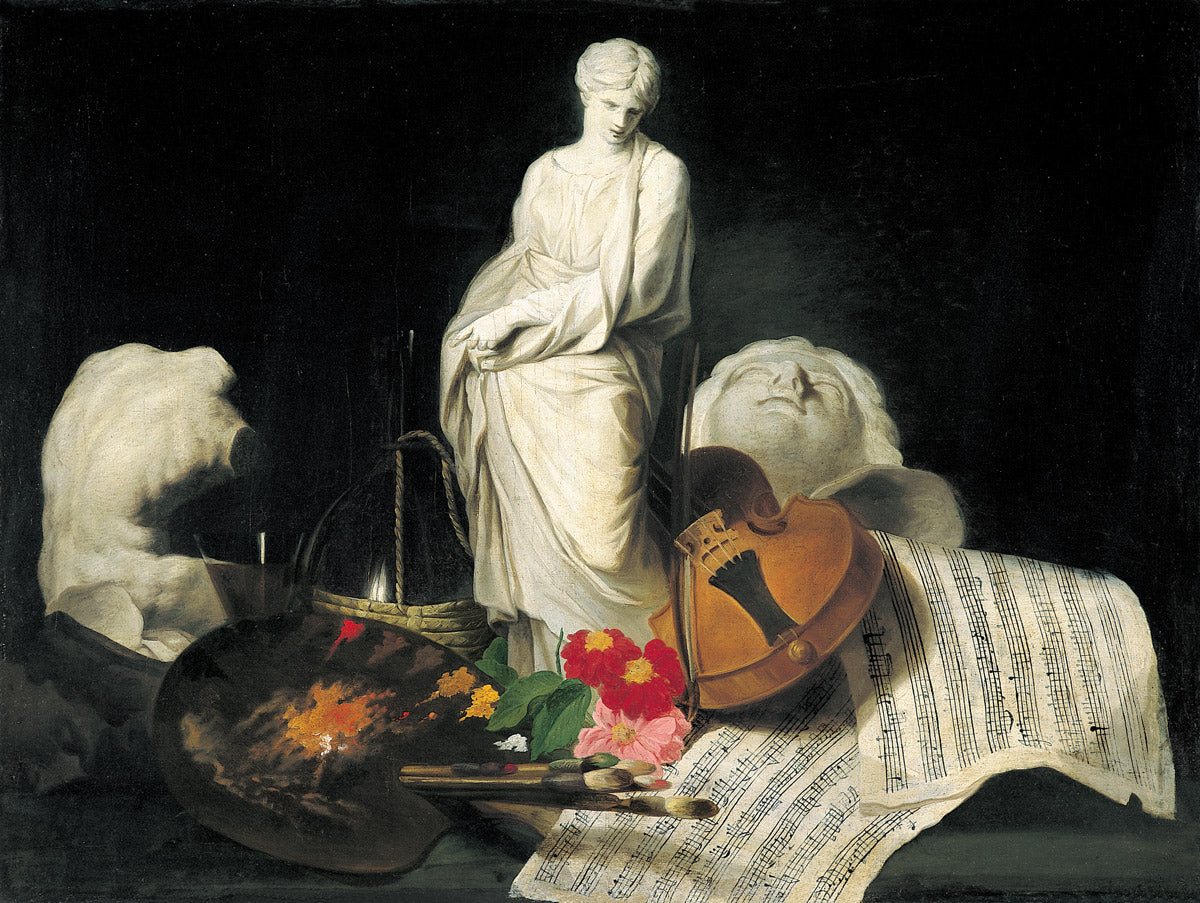 Fantaisie d'artiste (The Attributes of the Arts ), vintage artwork by Pierre Subleyras, 12x8" (A4) Poster
