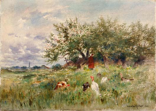 Watching the Turkeys, vintage artwork by Horatio Walker, 12x8" (A4) Poster