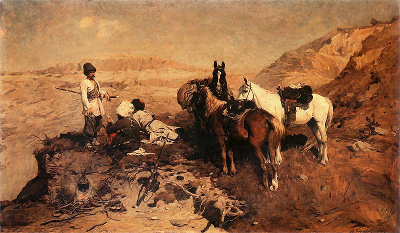 Caucasian Scouts, vintage artwork by Alfred von Wierusz-Kowalski, 12x8" (A4) Poster
