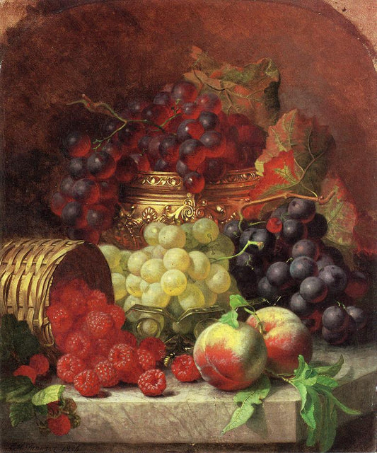 Black Grapes in a Gilt Bowl, Black and White Grapes in a Crystal Bowl, Peaches,Raspberries in a Wicker Basket and a Wasp on a Marble Ledge, vintage artwork by Eloise Harriet Stannard, 12x8" (A4) Poster