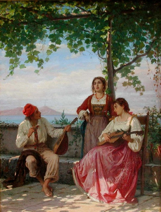 Neapolitan Musicians on the Terrace, vintage artwork by Luigi Bianchi, 12x8" (A4) Poster