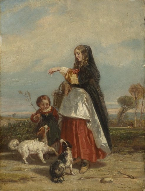 Woman and Child with Dogs, vintage artwork by Camille-Joseph-Étienne Roqueplan, A3 (16x12") Poster Print