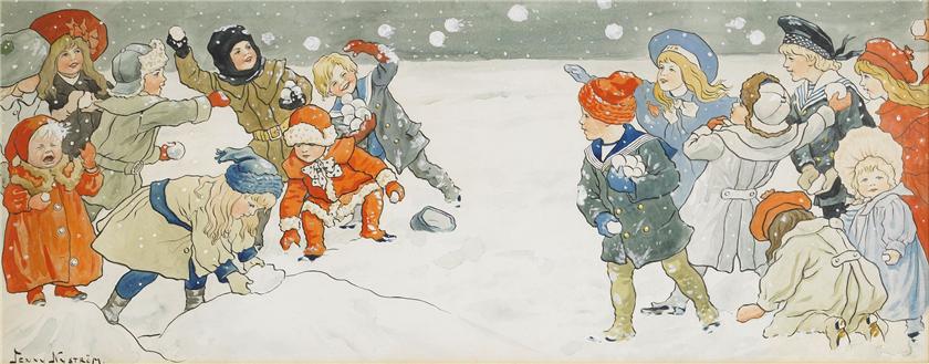 Children Snowballing, vintage artwork by Jenny Nyström, 12x8" (A4) Poster