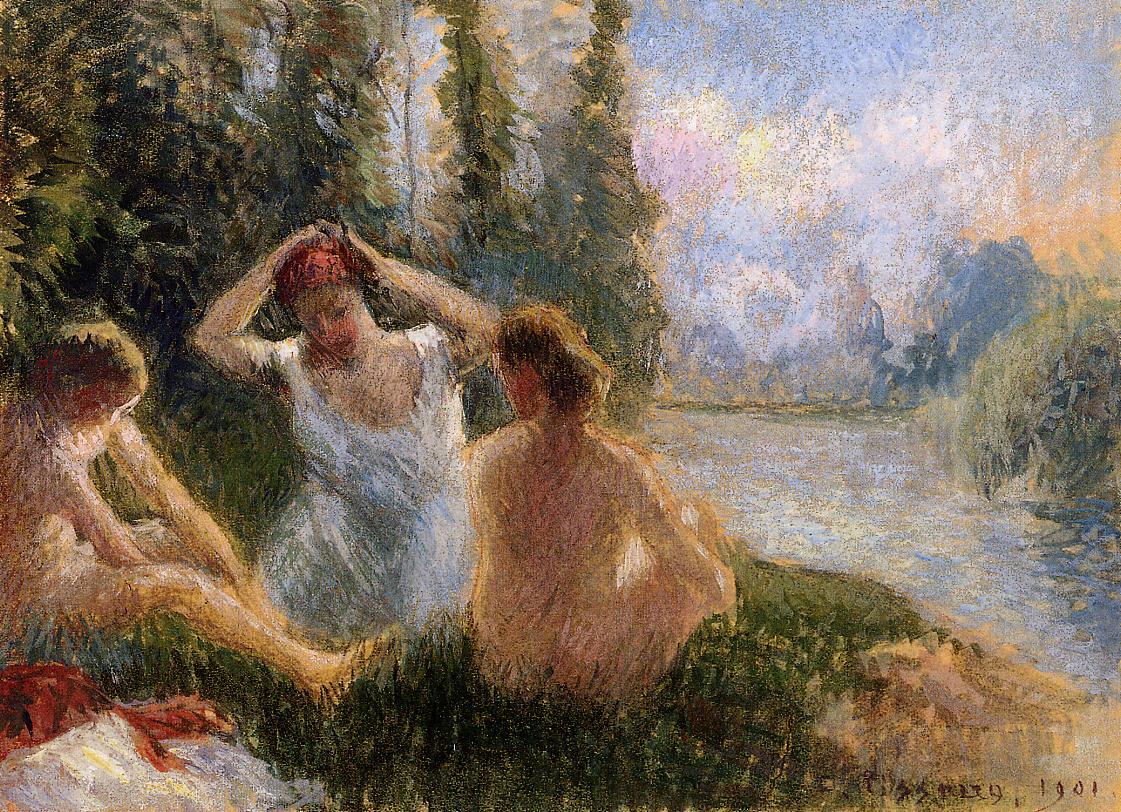Bathers Seated on the Banks of a River, vintage artwork by Camille Pissarro, 12x8" (A4) Poster