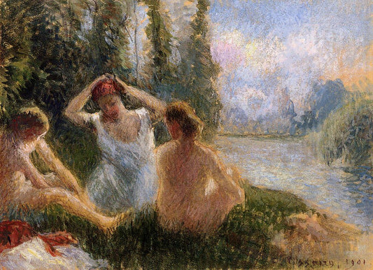 Bathers Seated on the Banks of a River, vintage artwork by Camille Pissarro, 12x8" (A4) Poster