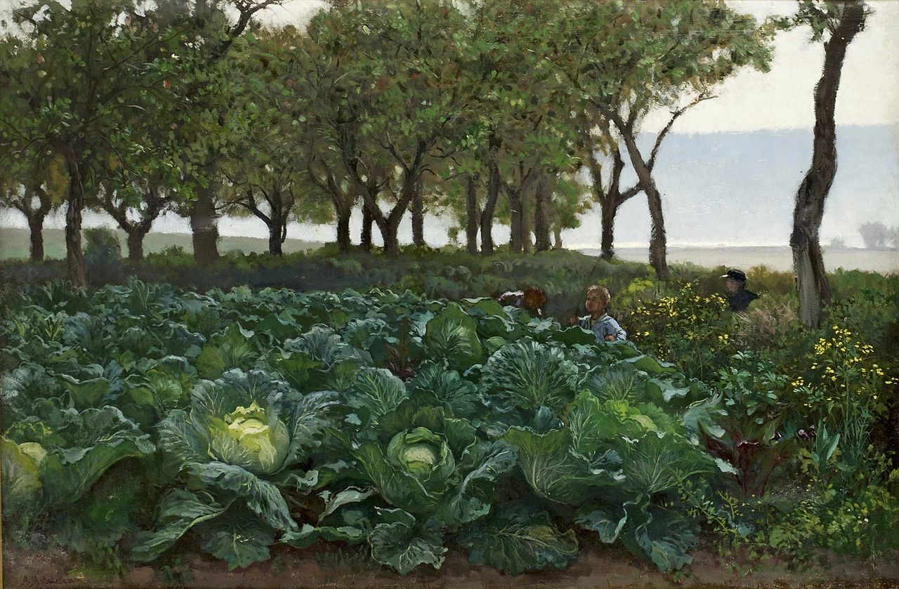 Children Playing in the Cabbage Field, vintage artwork by August Malmstrom, 12x8" (A4) Poster