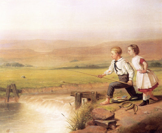 Children Fishing with Their Catch, Two Perches and a Bream, vintage artwork by Junius Brutus Stearns, A3 (16x12") Poster Print