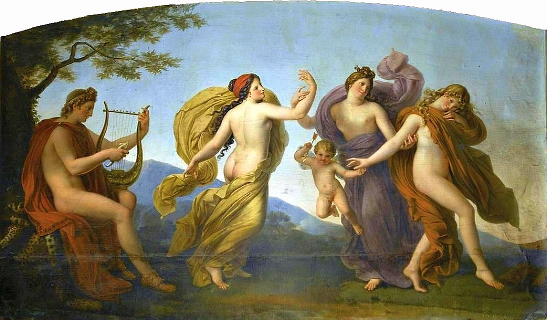Ceiling of the Ballroom of Compiègne Castle, Dance of the Graces Directed by  Apollo, vintage artwork by Anne-Louis Girodet de Roussy-Trioson, 12x8" (A4) Poster
