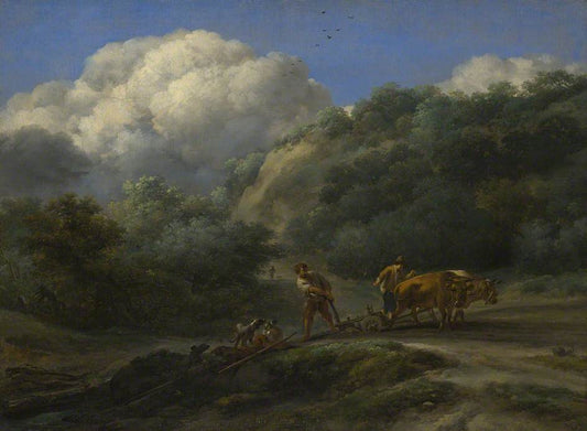 A Man and a Youth Ploughing with Oxen, vintage artwork by Nicolaes Berchem, 12x8" (A4) Poster