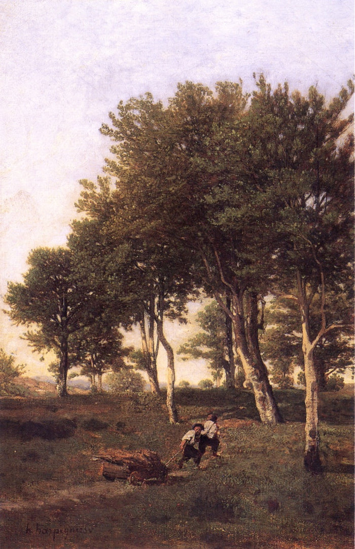 Landscape with Two Boys Carrying Firewood, vintage artwork by Henri-Joseph Harpignies, A3 (16x12