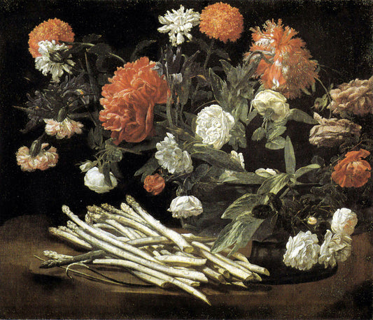 Still life with roses, asparagus, peonies and carnations, vintage artwork by Giovanni Martinelli, 12x8" (A4) Poster